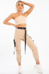 Sand Cross Front Straps Ribbed Crop Top - Vixi