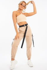 Sand Cross Front Straps Ribbed Crop Top - Vixi