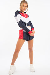 Navy Red Colour Block Hooded Jacket Shorts Tracksuit Co-ord - Jettie