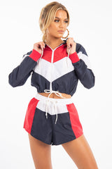 Navy Red Colour Block Hooded Jacket Shorts Tracksuit Co-ord - Jettie