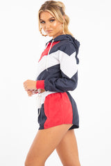 Navy Red Colour Block Hooded Jacket Shorts Tracksuit Co-ord - Jettie