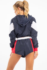 Navy Red Colour Block Hooded Jacket Shorts Tracksuit Co-ord - Jettie