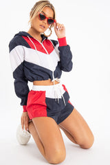 Navy Red Colour Block Hooded Jacket Shorts Tracksuit Co-ord - Jettie