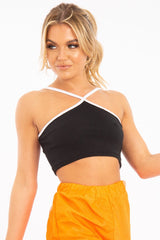 Black White Cross Front Straps Ribbed Crop Top - Vixi