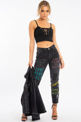 Black Lace Up Ribbed Crop top - Prisha