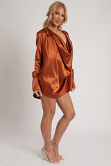 Rust Satin Extreme Cowl Neck Shirt - Luca