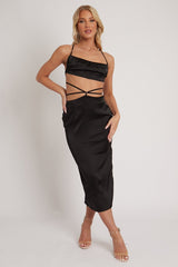 Black Tie Wrap Around Satin Crop Top & Skirt Co-Ord - Aalaysia