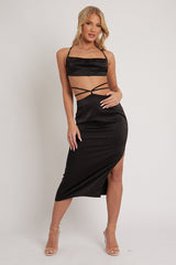 Black Tie Wrap Around Satin Crop Top & Skirt Co-Ord - Aalaysia