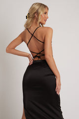Black Tie Wrap Around Satin Crop Top & Skirt Co-Ord - Aalaysia