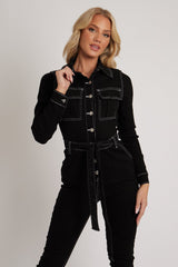 Black Long Sleeve Contrast Stitch Jumpsuit - Jan