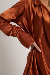 Rust Satin Extreme Cowl Neck Shirt - Luca