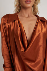 Rust Satin Extreme Cowl Neck Shirt - Luca