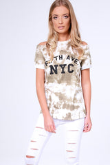 Khaki Tie Dye Cold Shoulder Slogan Top - Zeyna