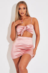 Pink Tie Front Satin Crop Top + Skirt Co-ord - Orla