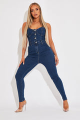 Mid Blue Strappy Button Front Denim Jumpsuit - Roma