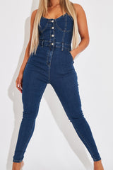 Mid Blue Strappy Button Front Denim Jumpsuit - Roma