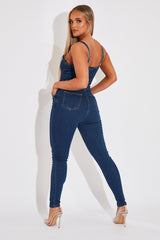 Mid Blue Strappy Button Front Denim Jumpsuit - Roma