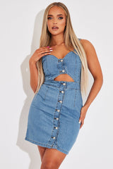 Mid Blue Cut Out Button Front Denim Mini Dress - Saphia
