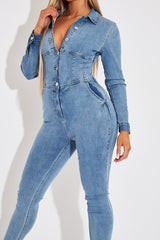 Light Blue Corset Waist Denim Jumpsuit - Posie