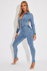 Light Blue Corset Waist Denim Jumpsuit - Posie
