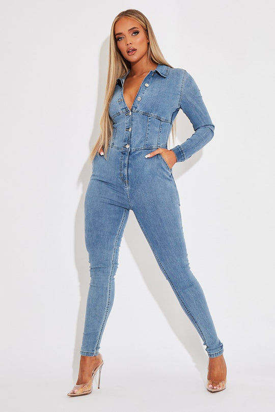 Light Blue Corset Waist Denim Jumpsuit - Posie