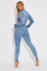 Light Blue Corset Waist Denim Jumpsuit - Posie