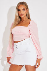 Pink Gingham Square Neckline Crop Top - Amora