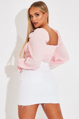 Pink Gingham Square Neckline Crop Top - Amora