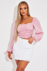 Pink Ruched Square Neckline Crop Top - Hallie