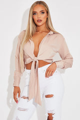 Nude Satin Plunge Tie Detail Top - Deriana
