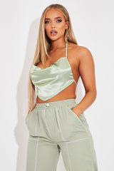 Sage Satin Bandana Halter Crop Top - Talisa