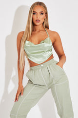 Sage Satin Bandana Halter Crop Top - Talisa