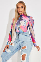 Mutli Abstract Print High Neck Bodysuit - Verity