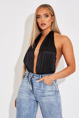 Black Satin Plunge Halter Bodysuit - Aleesia