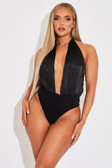 Black Satin Plunge Halter Bodysuit - Aleesia