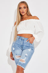 White Elasticated Bardot Crop Top - Amelia
