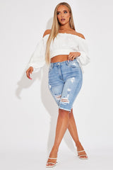 Mid Blue Distressed Longline Denim Shorts - Dakotah