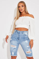 Mid Blue Distressed Longline Denim Shorts - Dakotah