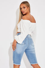 Mid Blue Distressed Longline Denim Shorts - Dakotah