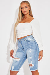 White Ruched Square Neckline Crop Top - Hallie