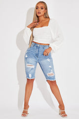 White Ruched Square Neckline Crop Top - Hallie