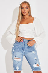 White Ruched Square Neckline Crop Top - Hallie