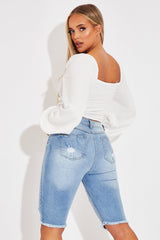 White Ruched Square Neckline Crop Top - Hallie