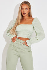 Green Gingham Square Neckline Crop Top - Amora