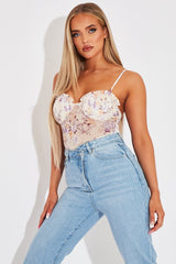 Cream Floral Corset Detail Bodysuit - Clarah