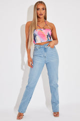 Multi Abstract Print Mesh Halterneck Crop Top - Aggie