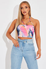 Multi Abstract Print Mesh Halterneck Crop Top - Aggie