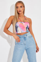 Multi Abstract Print Mesh Halterneck Crop Top - Aggie