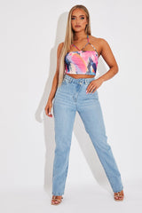 Multi Abstract Print Mesh Halterneck Crop Top - Aggie