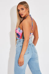 Multi Abstract Print Mesh Halterneck Crop Top - Aggie